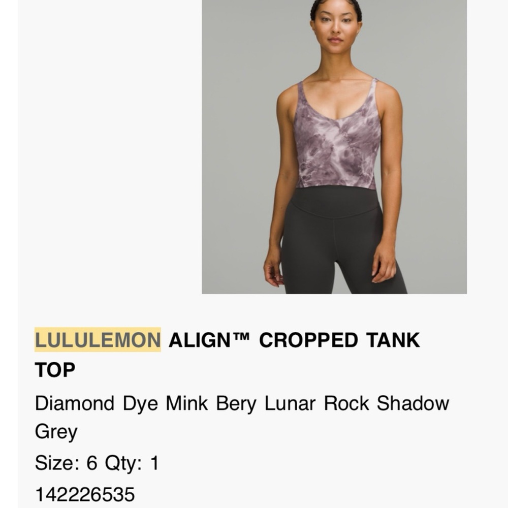 Women’s 6 LULULEMON Align Cropped Tank Diamond Dye Mink Bery Lunar Rock Shadow - Picture 6 of 6